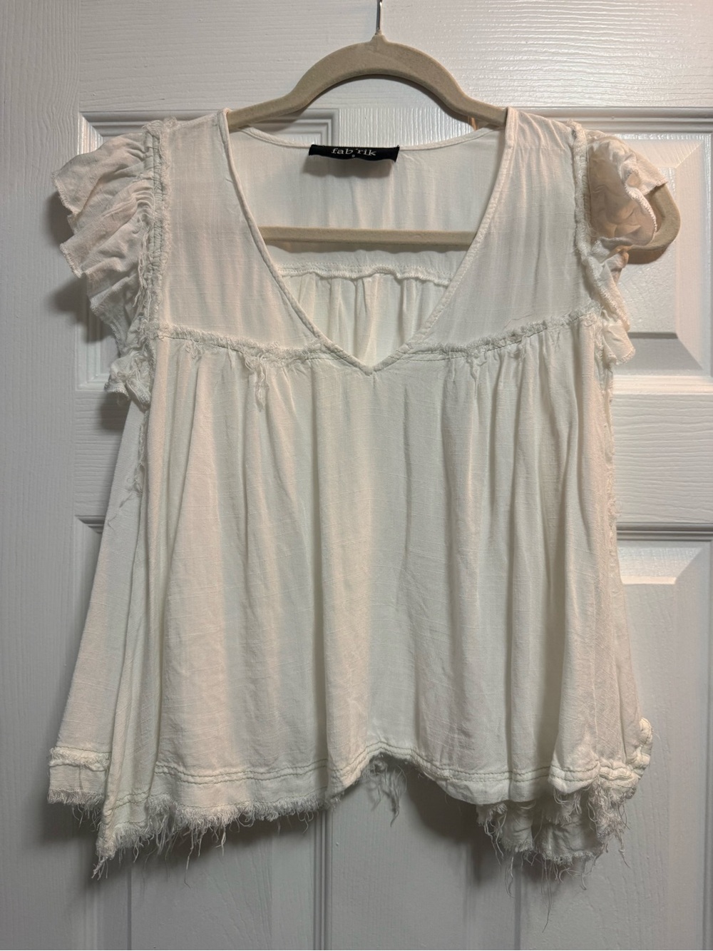fab'rik Cream Ruffle Sleeve V-Neck Top